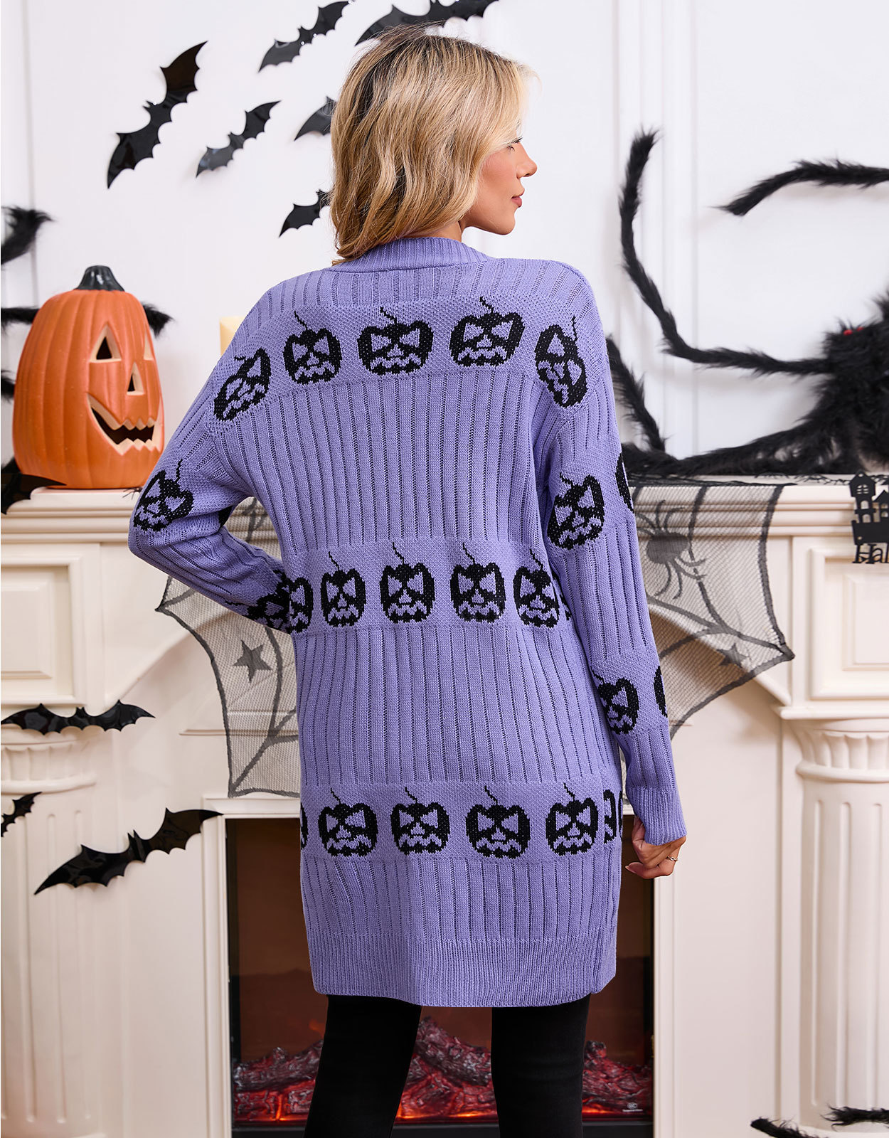 Halloween Knit Cardigan Womens Long Open Front Sweater Holiday Outerwear Coat